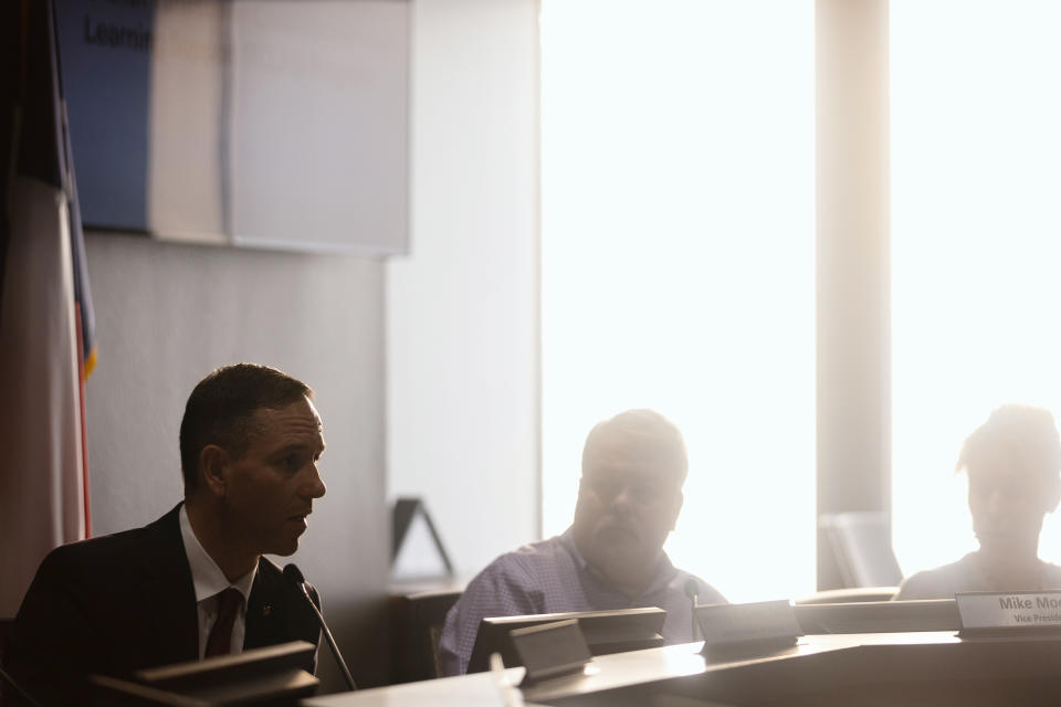 Image: Granbury ISD Superintendent Dr. Jeremy Glenn at a school board meeting in Texas on March 21, 2022. (Shelby Tauber for ProPublica, The Texas Tribune, NBC News)