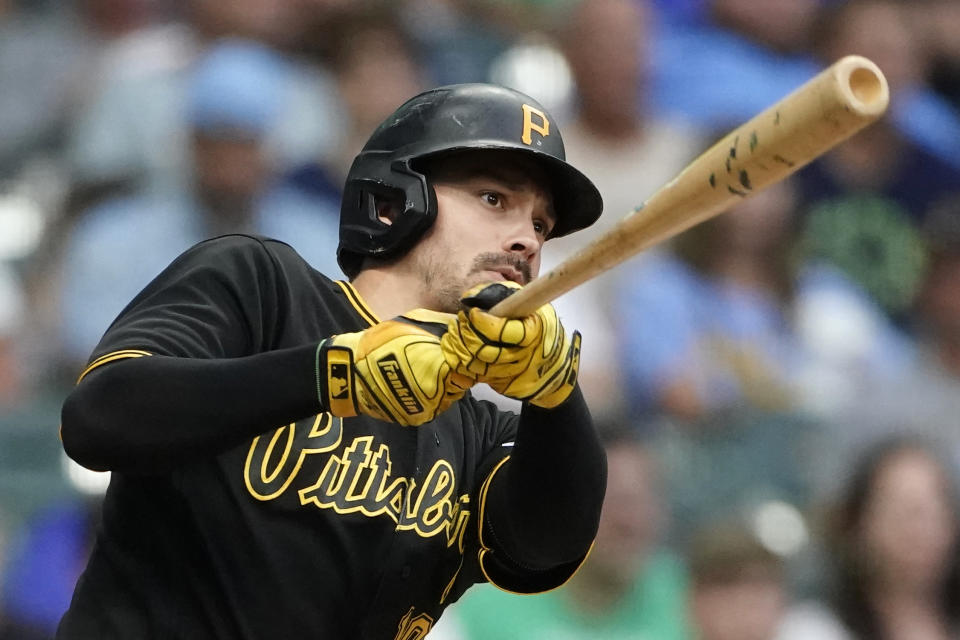 Pittsburgh Pirates' Bryan Reynolds watches his RBI double during the second inning of a baseball game against the Milwaukee Brewers, Friday, Aug. 4, 2023, in Milwaukee. (AP Photo/Aaron Gash)