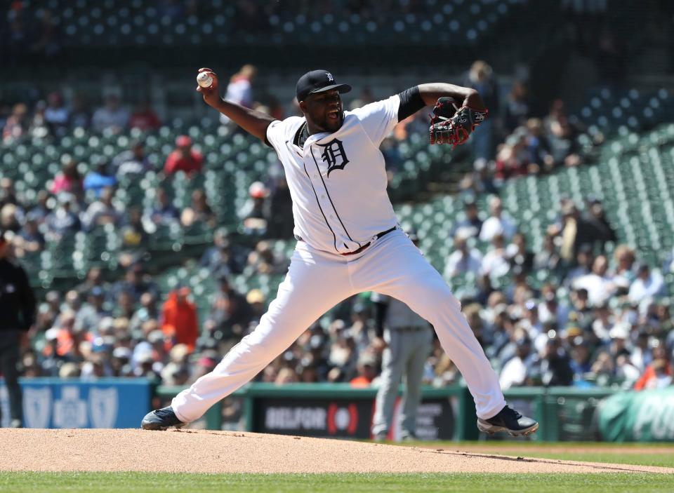 Detroit Tigers starter Michael Pineda pitches against the New York Yankees during the first inning Thursday, April 21, 2022 at Comerica Park.