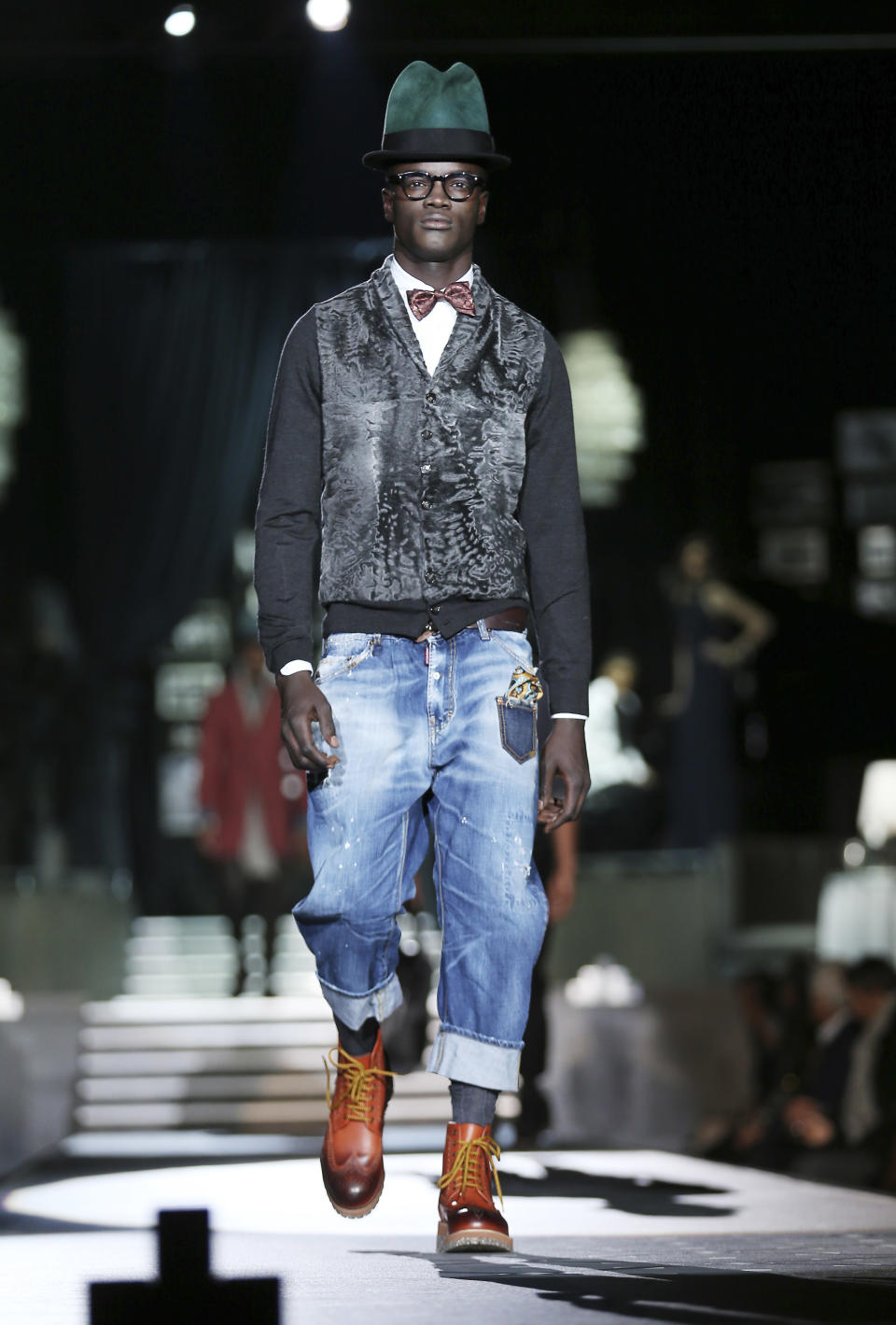 A model wears a creation for DSquared2 men's Fall-Winter 2013-14 collection, part of the Milan Fashion Week, unveiled in Milan, Italy, Tuesday, Jan. 15, 2013. (AP Photo/Antonio Calanni)