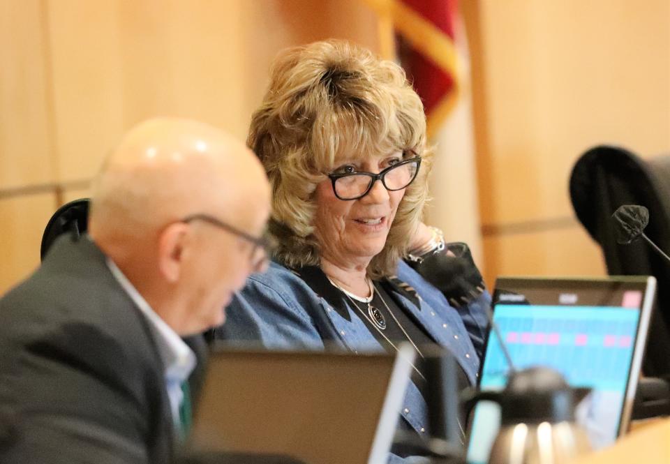 Supervisor Mary Rickert, center, runs the Shasta County Board of Supervisors meeting in the absence of Leonard Moty on Feb. 8. The board held its first meeting since the successful recall of Leonard Moty in the Feb. 1 election.