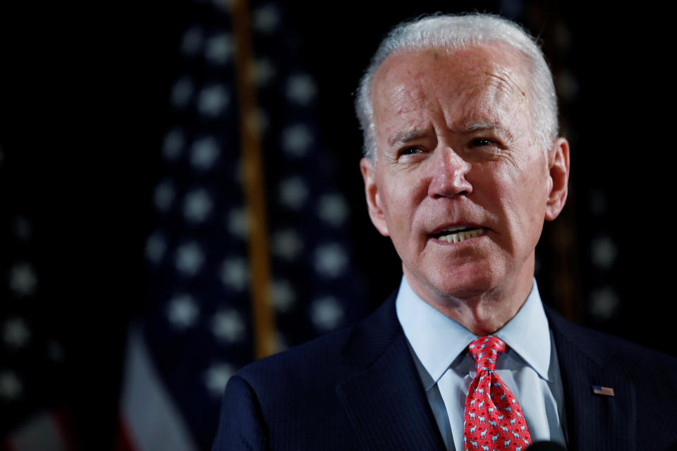 Democratic U.S. presidential candidate and former Vice President Joe Biden speaks about responses to the COVID-19 coronavirus pandemic at an event in Wilmington, Delaware, U.S., March 12, 2020. REUTERS/Carlos Barria