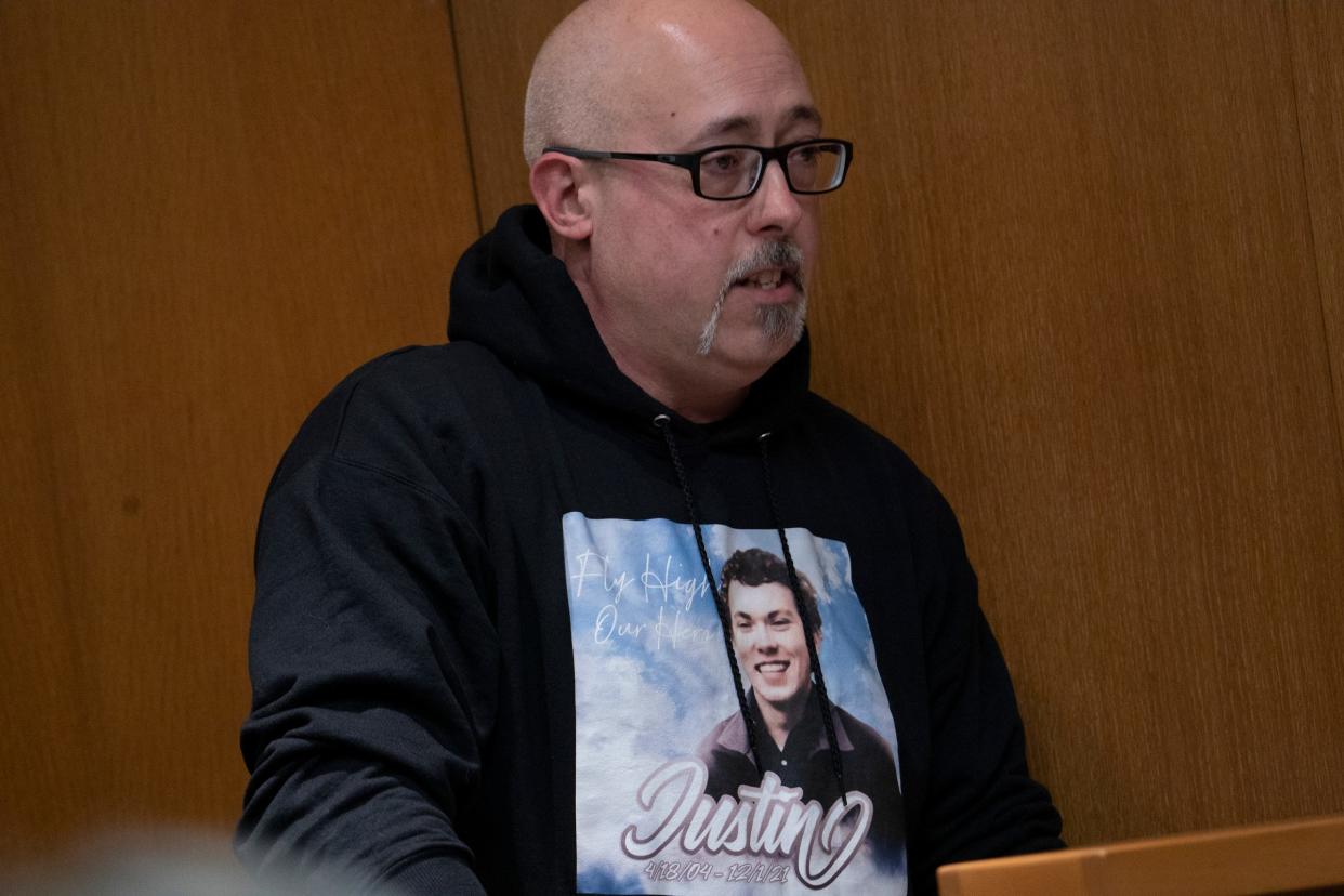 Craig Shilling, father of Justin Shilling who was killed in the 2021 Oxford School Shooting, makes a victim impact statement in the Oakland County courtroom of Judge Cheryl Matthews on Tuesday, April 9, 2024 before the sentencing of James and Jennifer Crumbley. The Crumbleys are the parents of the Oxford High School shooter and both were found guilty on four counts of involuntary manslaughter.