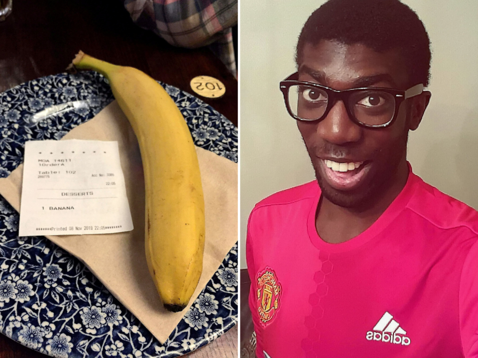 Mark D'arcy-Smith, 24, who had a banana sent to his table by an anonymous customer at a Wetherspoon's pub in Bromley, southeast London, on 8 November.Mark D'arcy-Smith/SWNS