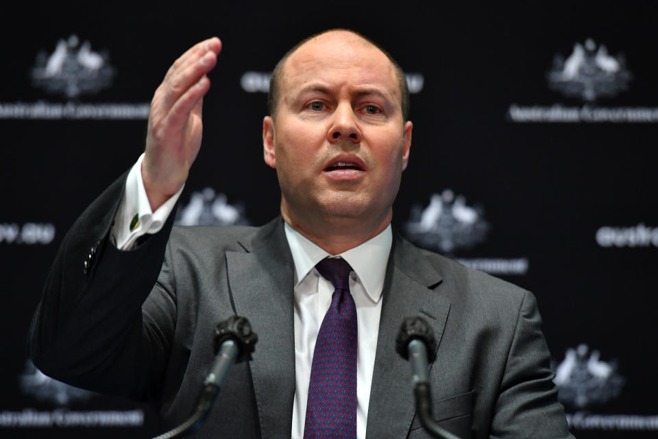 CANBERRA, AUSTRALIA - JULY 23: Treasurer Josh Frydenberg during a press conference in the Main Committee Room at Parliament House on July 23, 2020 in Canberra, Australia. The Federal government has announced an extension to the wage subsidy JobKeeper scheme until the end of March 2021 as the COVID-19 crisis continues to impact Australia's economy. The JobKeeper scheme had been legislated to end in September 2020. The JobSeeker unemployment benefit will also be extended, however payments and eligibility criteria for both programs will be revised from October. (Photo by Sam Mooy/Getty Images)