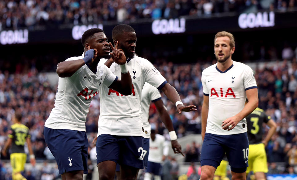 Tottenham Hotspur's Tanguy Ndombele celebrates scoring his side's first goal of the game with his team-mates during the Premier League match at the Tottenham Hotspur Stadium, London. (Photo by Yui Mok/PA Images via Getty Images)