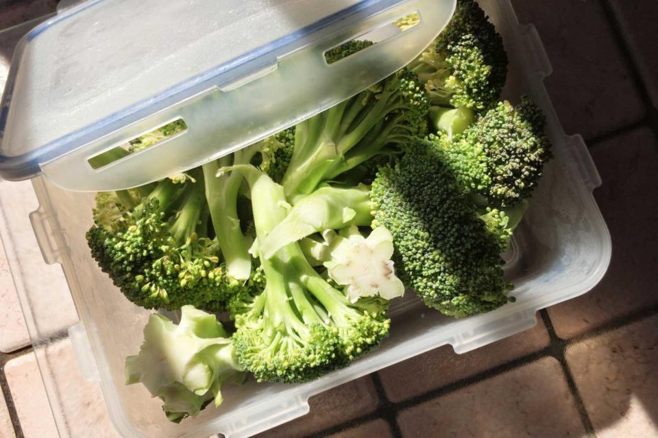 Storage container with cut up broccoli