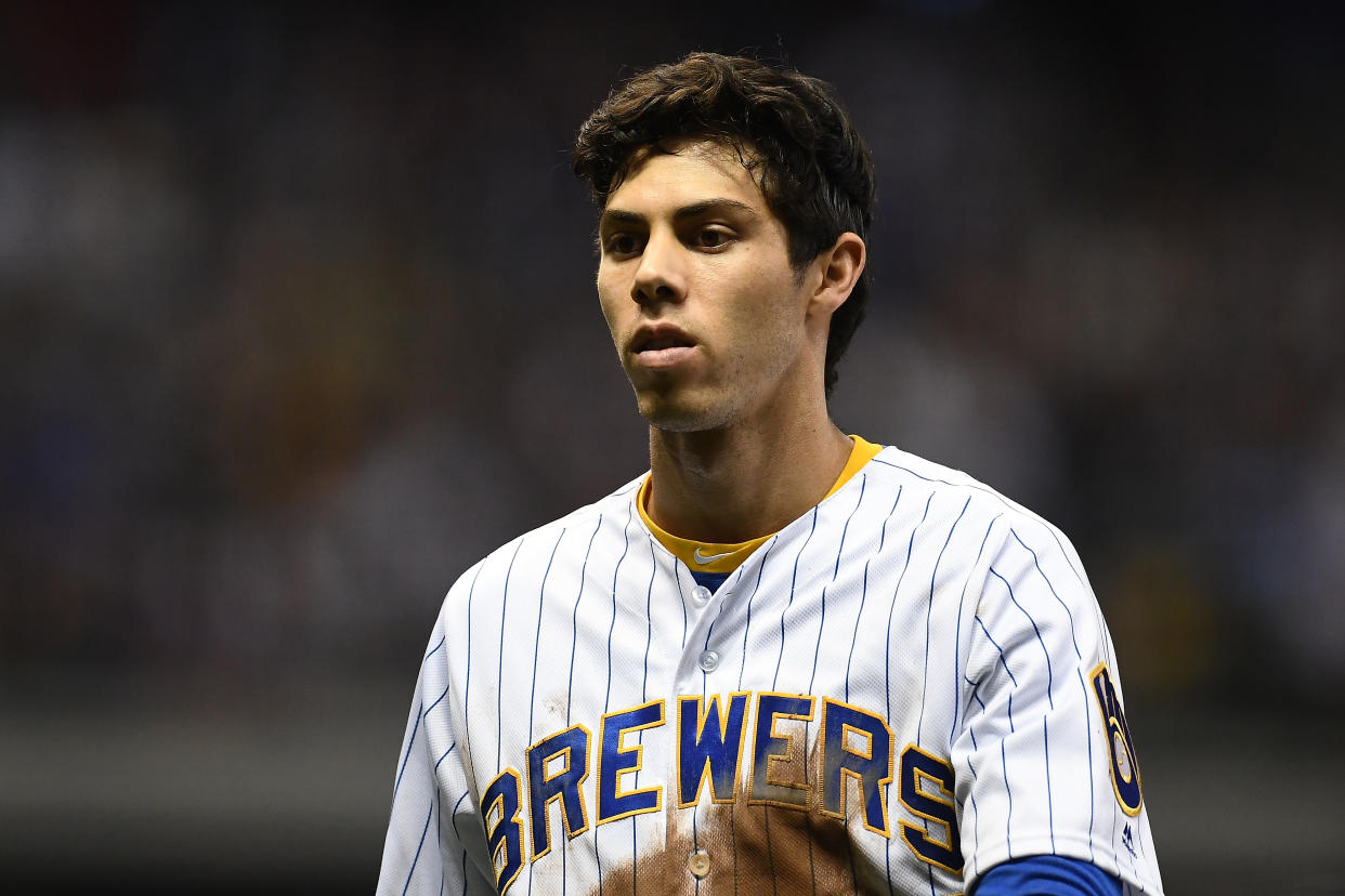 MILWAUKEE, WISCONSIN - SEPTEMBER 06:  Christian Yelich #22 of the Milwaukee Brewers walks to the dugout during a game against the Chicago Cubs at Miller Park on September 06, 2019 in Milwaukee, Wisconsin. (Photo by Stacy Revere/Getty Images)