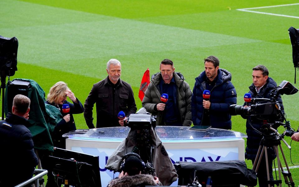 Sky Sports presenter Kelly Cates and pundits Graeme Souness, Robbie Keane, Jamie Redknapp and Gary Neville ahead of the Premier League match at Anfield, Liverpool - PA Photo/Peter Byrne