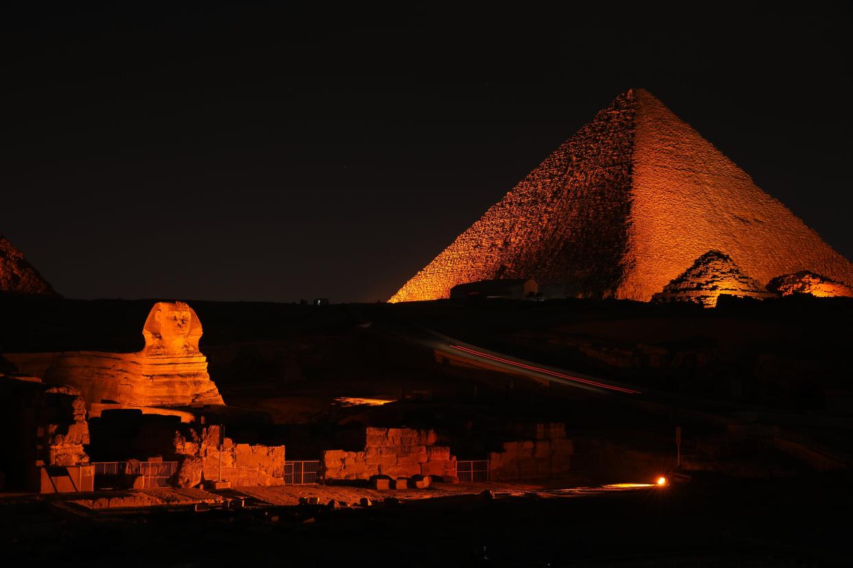 The Great Pyramids of Giza and the Sphinx were lit up in orange on 25 November 2020 by Egypt’s National Council for Women (NCW)