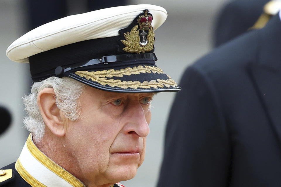 Britain's King Charles III attends the state funeral of Queen Elizabeth II, at the Westminster Abbey in London Monday, Sept. 19, 2022. (Hannah McKay/Pool Photo via AP)