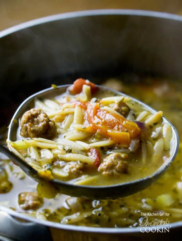 <p>Amanda's Cooking</p><p>This Italian soup is so good we make it year-round. </p><p><strong>Get the recipe: </strong><a href="https://amandascookin.com/italian-sausage-tomato-orzo-soup/?fbclid=IwAR15EA3pzndMBbUA_1ZdwXpxqth-fi207ppulM-q0ovKFtEu4S9KgzxqvCw" rel="nofollow noopener" target="_blank" data-ylk="slk:Italian Sausage Tomato Orzo Soup;elm:context_link;itc:0;sec:content-canvas" class="link rapid-noclick-resp"><strong>Italian Sausage Tomato Orzo Soup</strong></a></p>