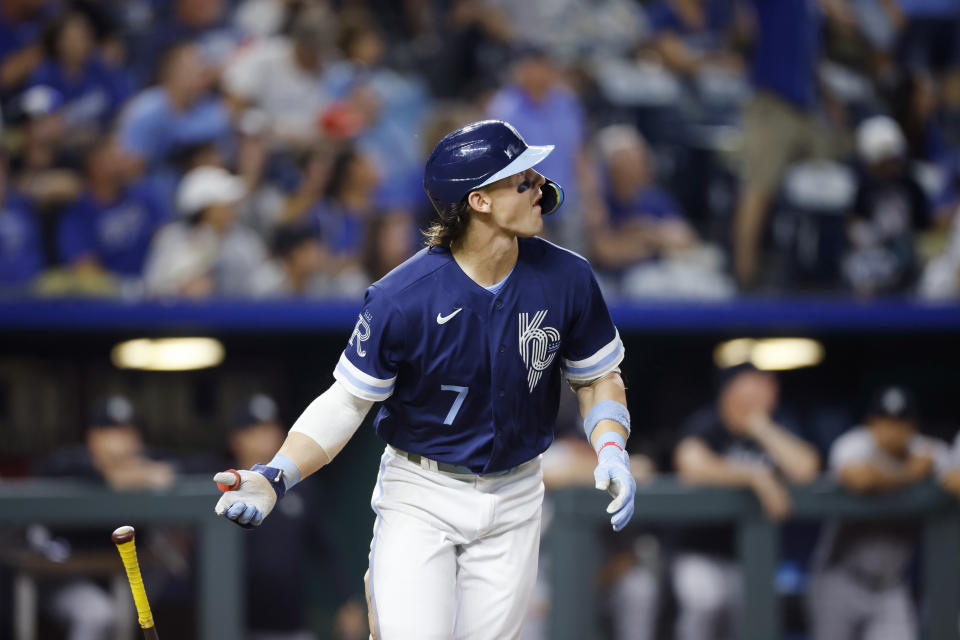 FILE - Kansas City Royals' Bobby Witt Jr. watches his two-run home run against the New York Yankees during the seventh inning of a baseball game in Kansas City, Mo., Friday, Sept. 29, 2023. The Kansas City Royals and shortstop Bobby Witt Jr. agreed Monday to the longest contract in franchise history, an 11-year pact that includes three years of team options that could keep the rising star with the ballclub through the 2037 season.(AP Photo/Colin E. Braley)