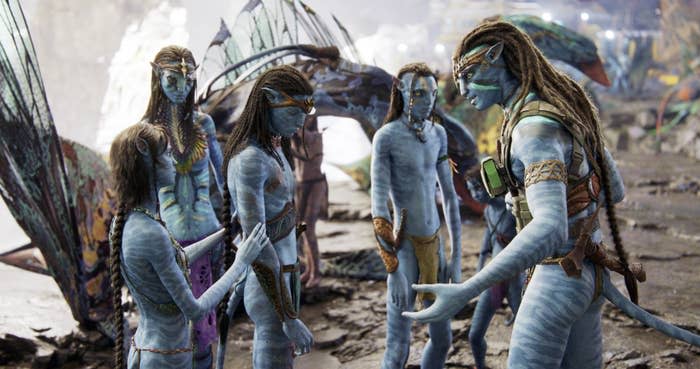 Kiri, Neytiri, Neteyam, Lo'ak, Tuk and Jake Sully in Avatar: The Way of Water