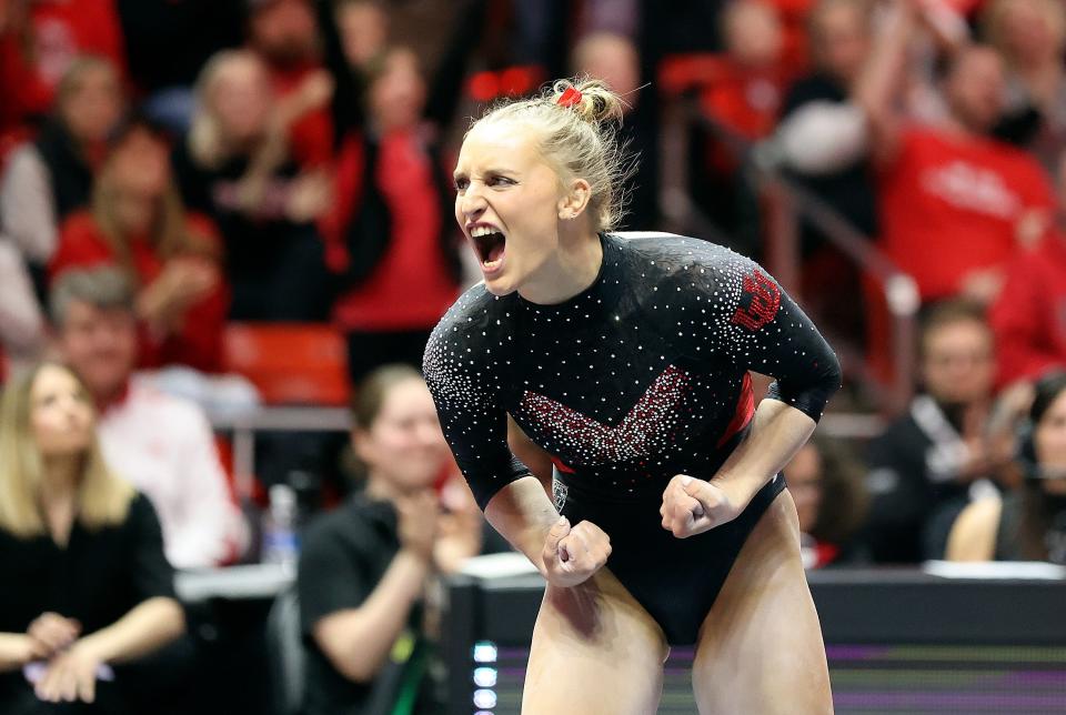 Utah’s Abby Brenner reacts after finishing her floor routine during a gymnastics meet against Arizona at the Huntsman Center in Salt Lake City, on Friday, March 3, 2023. Utah won. | Kristin Murphy, Deseret News