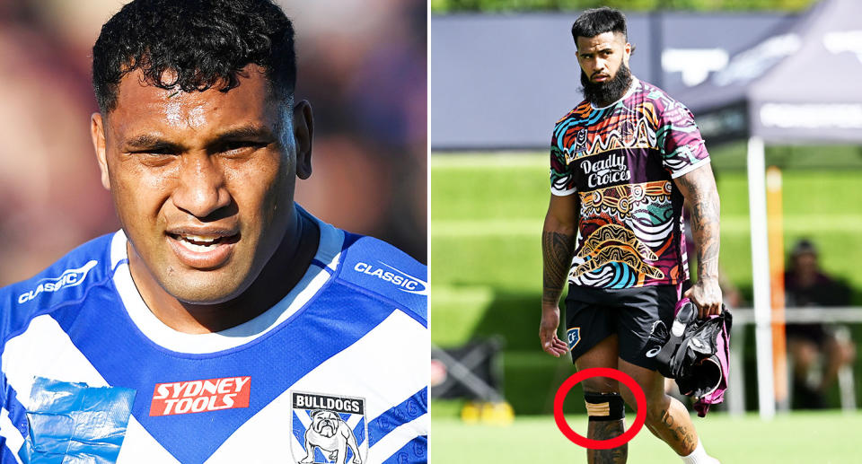 On the left is Tevita Pangai Jr and injured Broncos star Payne Haas on the right.