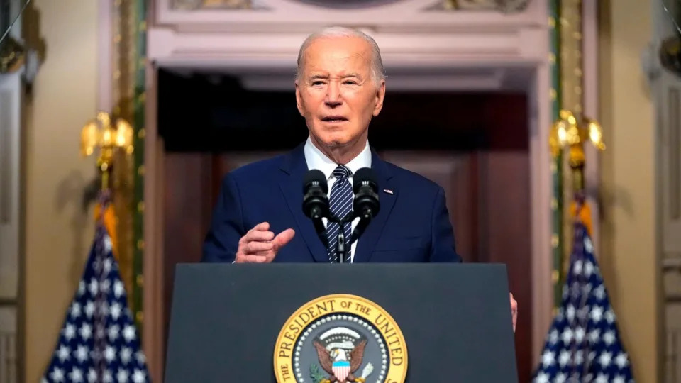 PHOTO: President Joe Biden speaks about lowering health care costs in the Indian Treaty Room at the Eisenhower Executive Office Building on the White House complex in Washington, D.C., on April 3, 2024. (Mark Schiefelbein/AP)