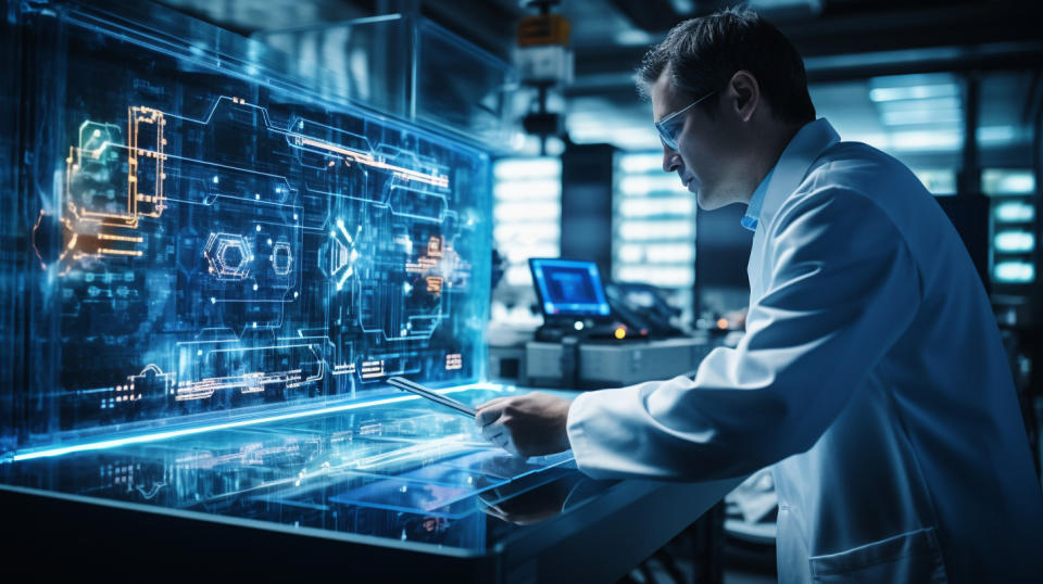 A technician in a lab coat carefully working with OLED displays and components.