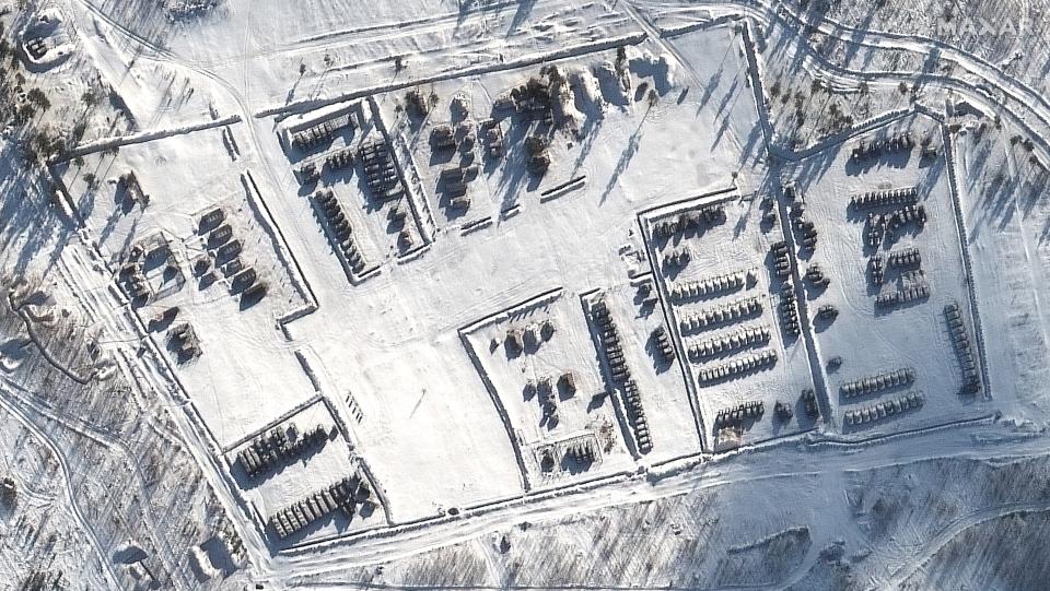 View of tanks, artillery, and tents at the Pogonovo training area, about 100 miles from the Ukrainian border, on Jan. 19, 2022.