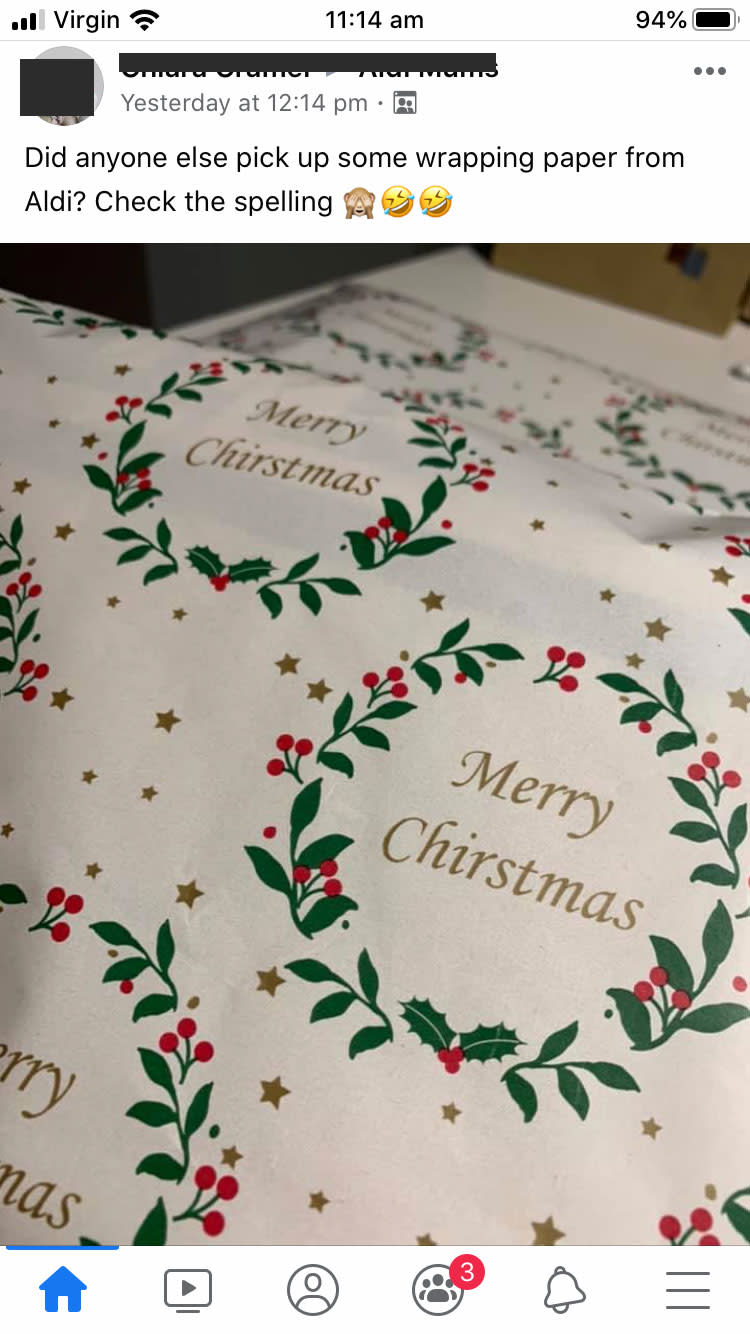 Aldi Christmas wrapping paper fail. Photo: Facebook.