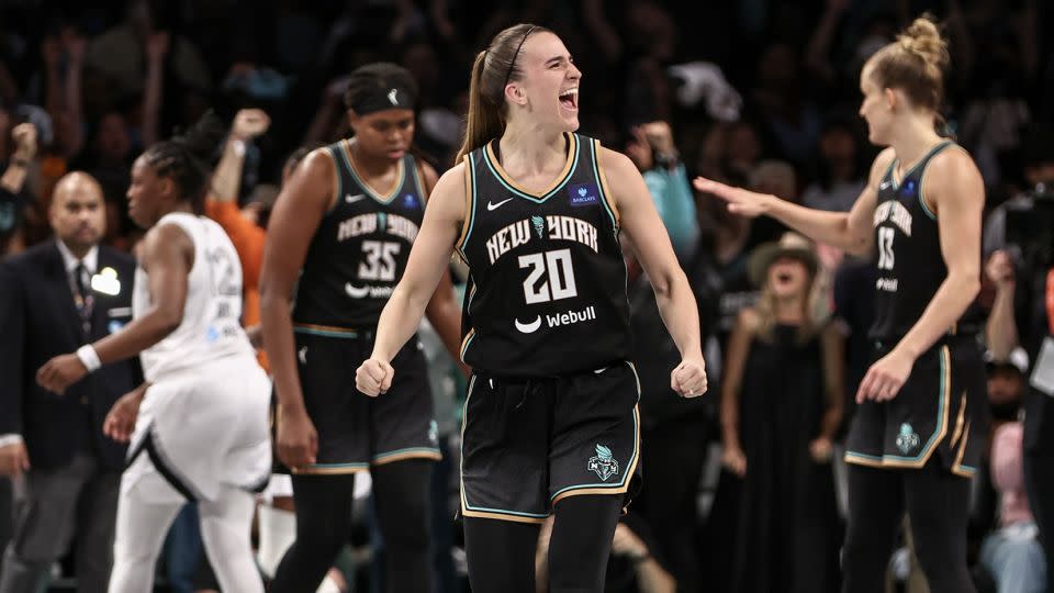 Ionescu celebrates during the Liberty's 88-84 win. - Wendell Cruz/USA TODAY Sports/Reuters