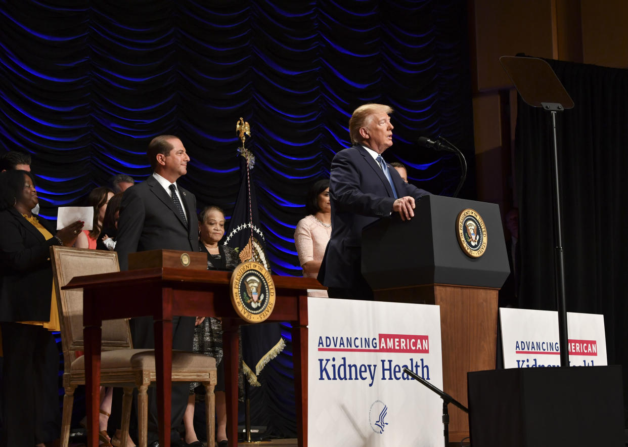 US President Donald Trump speaks about advancing American kidney health in Washington, DC, on July 10, 2019. (Photo by Nicholas Kamm / AFP)        (Photo credit should read NICHOLAS KAMM/AFP/Getty Images)