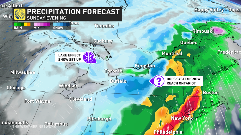 Ontario sunday evening precipitation snow rain Dec 7 2023