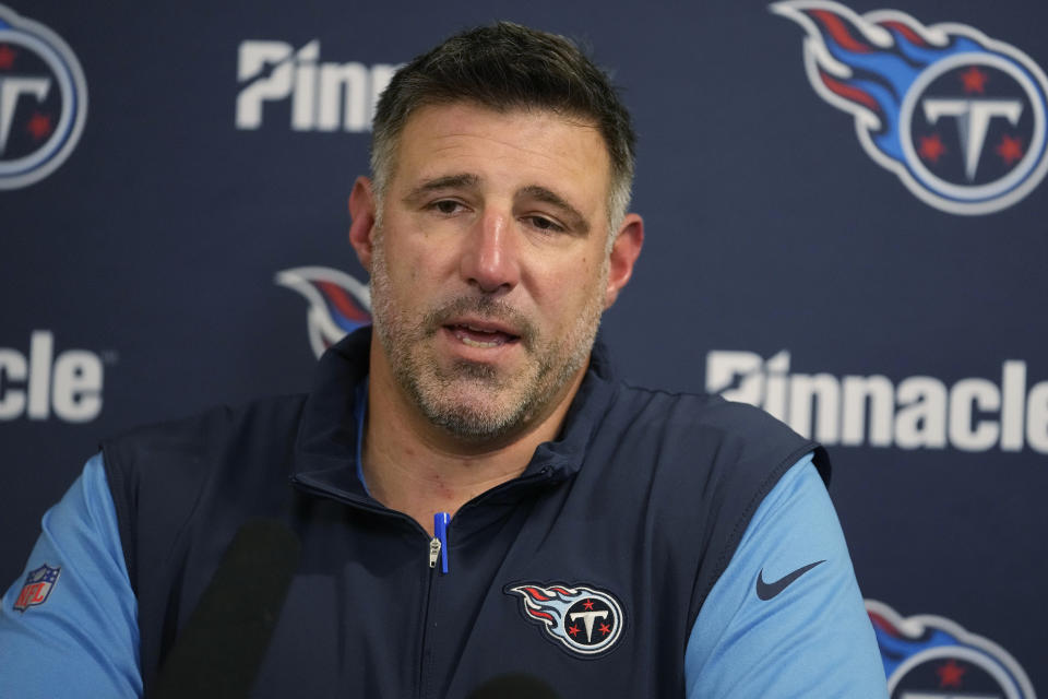 Tennessee Titans head coach Mike Vrabel speaks during a news conference following an NFL football game, Tuesday, Dec. 12, 2023, in Miami. The Titans defeated the Dolphins 28-27. (AP Photo/Lynne Sladky)