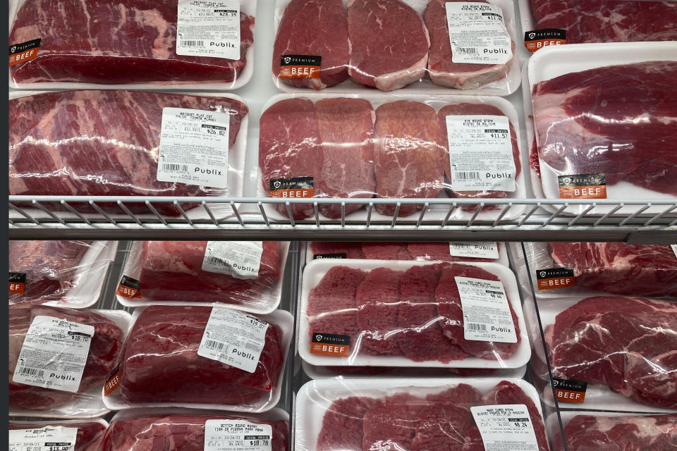 FILE - A selection of beef cuts is displayed at a supermarket in Miami on Wednesday, Oct. 20, 2021. Experts agree that the urgency of climate change and the demands of a surging global population call for an overhaul of how humans get their protein. (AP Photo/Marta Lavandier, File)