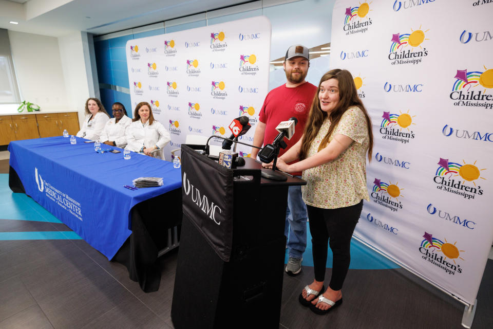 Haylee and Shawn Ladner spoke to the press at Wiser Hospital for Women and Infants at UMMC on Feb. 24. (Joe Ellis / UMMC Photography)