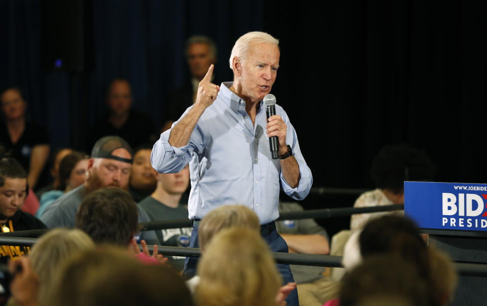 FILE - In this June 12, 2019, file photo, Democratic presidential candidate former Vice President Joe Biden speaks at Clinton Community College in Clinton, Iowa. Biden has sat atop the crowded Democratic presidential field from virtually the moment he joined the race. But his recent fumbles on abortion and race are a reminder that early front-runners often face the most intense scrutiny. (AP Photo/Charlie Neibergall, File)