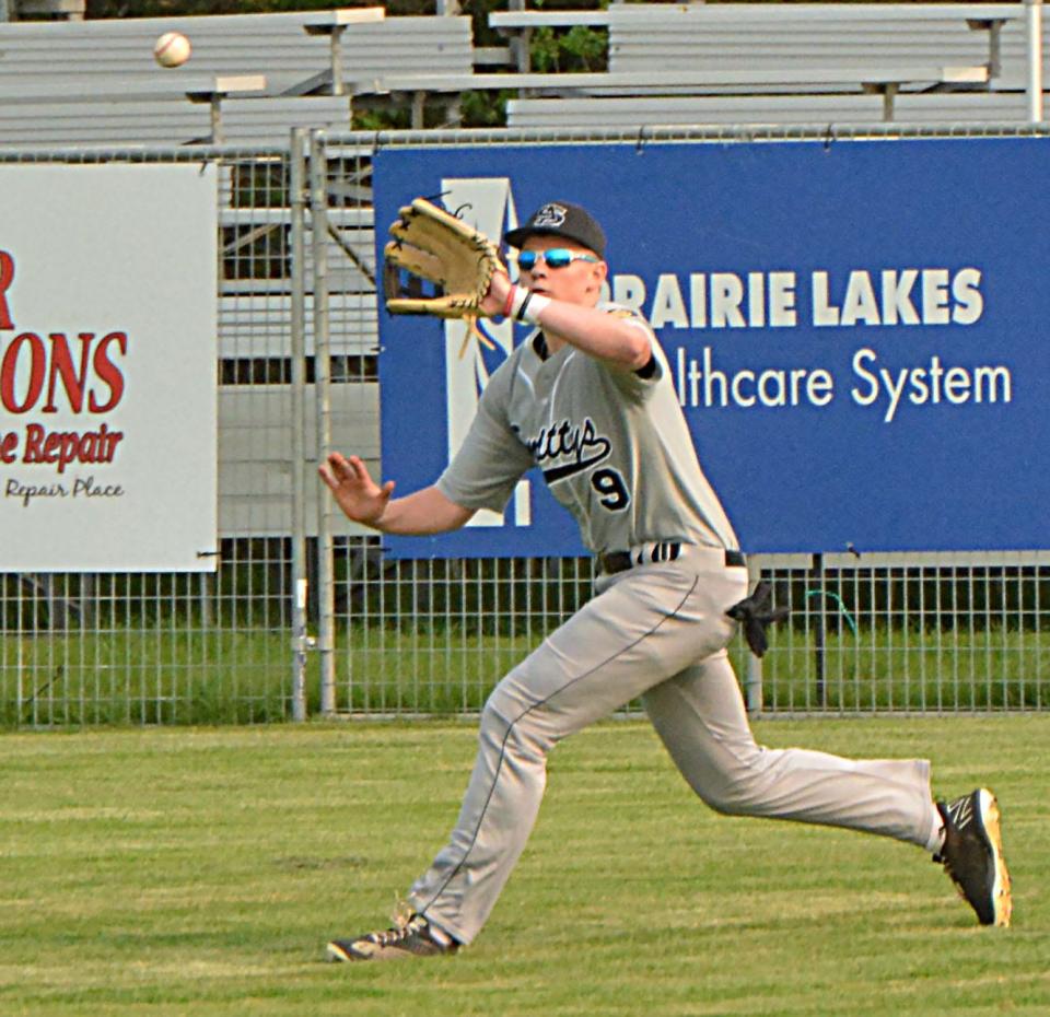 Aberdeen Smittys right fielder Ethan Kjenstad tracks down a liner during an American Legion Baseball doubleheader against Watertown Post 17 on Tuesday, May 16, 2023 at Watertown Stadium.