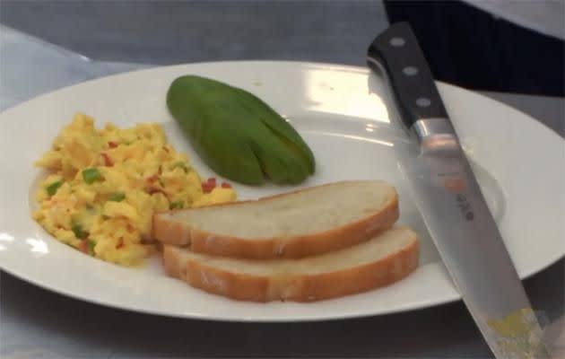 “This is Officer Marco Pierre White, I’ve just arrived at the scene now, the victim appears to be covered in bits of spring onion and capsicum, and has been positioned alongside a neatly sliced serving of avocado, over.” Marco’s insults don’t faze the chillest party bro in brotown.