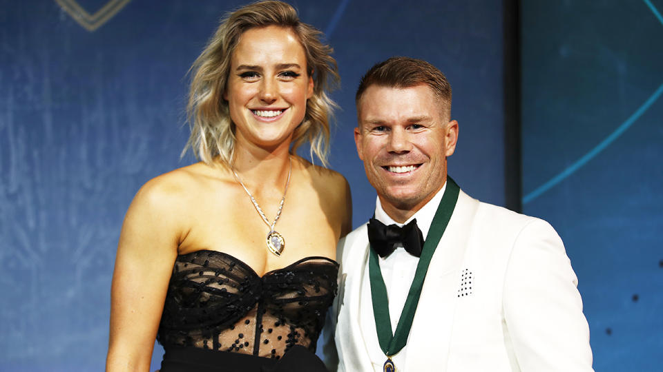 Ellyse Perry and David Warner, pictured here at the Australian Cricket Awards with their medas.