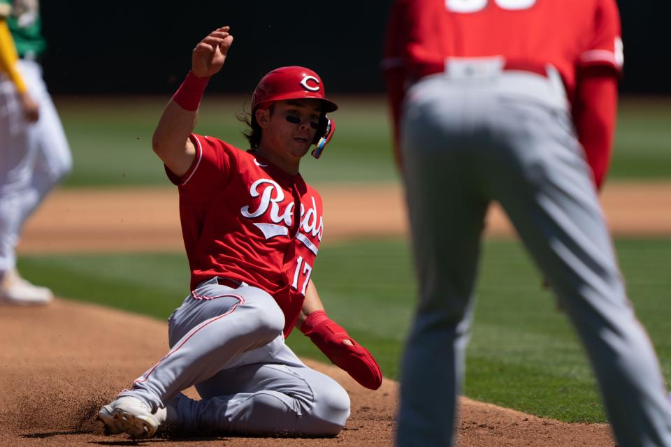 Apr 30, 2023;  Oakland, California, USA;  Cincinnati Reds left fielder Stuart Fairchild (17) slides into third base during the fourth inning against the Oakland Athletics at RingCentral Coliseum.  Mandatory Credit: Stan Szeto-USA TODAY Sports