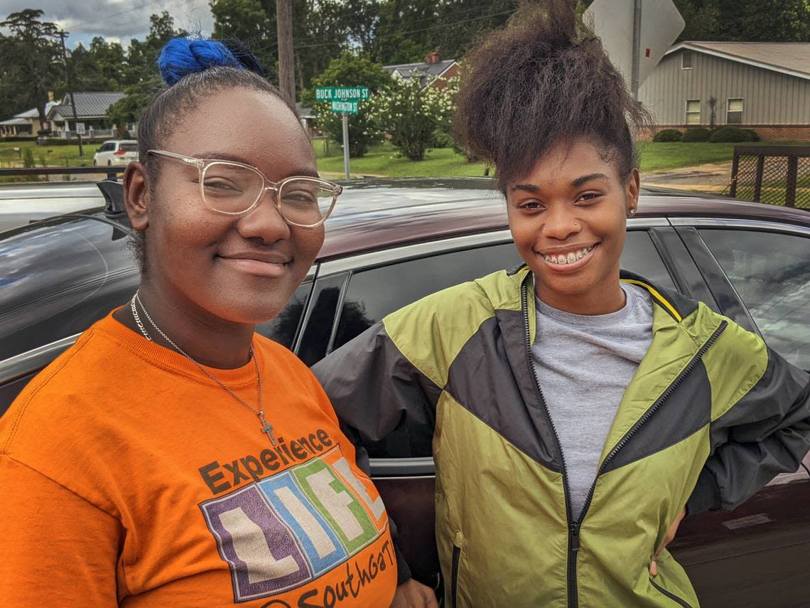 Mallory Brown (L), and Mykala Lundy after checking out at Adams Food Center. They each got a $50 grocery voucher from 34N22, a pro-Herschel Walker PAC. Walker is the Republican nominee for U.S. Senate. 07/28/2022