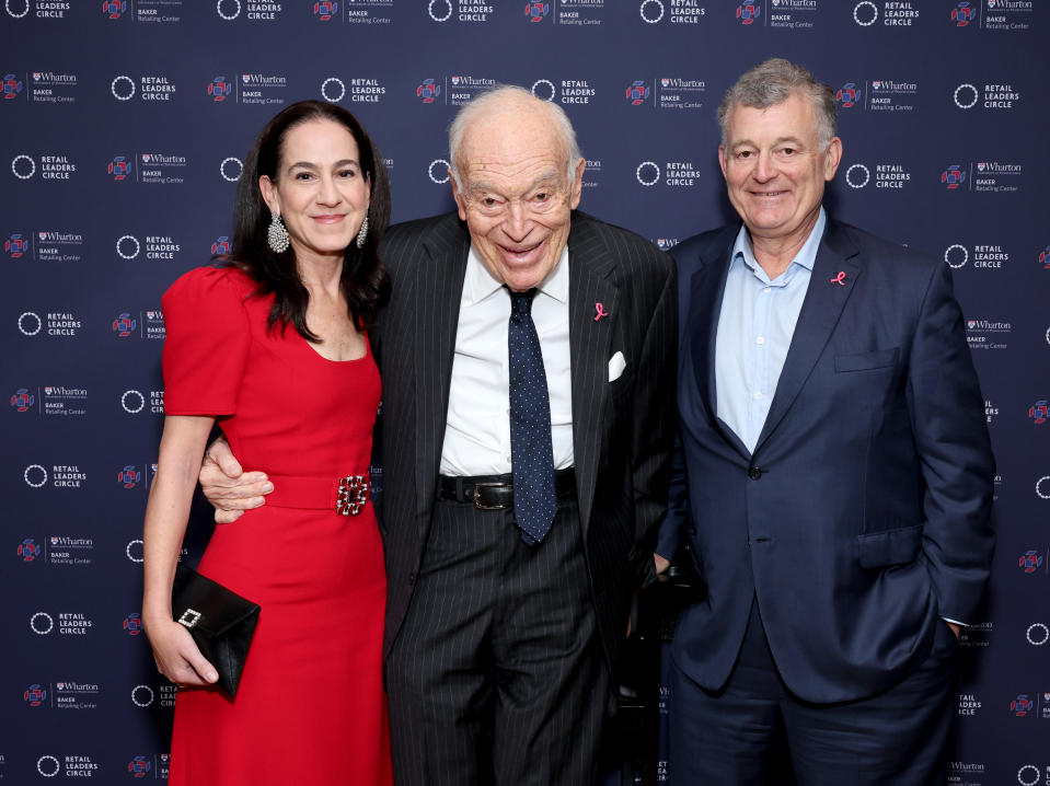 NEW YORK, NEW YORK - OCTOBER 16: Jane Lauder, Global Brand President, Clinique, (L) and William Lauder, Executive Chairman, The Estée Lauder Companies (R), attend as Leonard Lauder, Chairman Emeritus, The Estée Lauder Companies (C), is honored with the 2023 Retail Excellence Award from the Wharton School's Baker Retailing Center and Retail Leaders Circle at The Rainbow Room on October 16, 2023 in New York City. (Photo by Cindy Ord/Getty Images for Wharton School's Baker Retailing Center and Retail Leaders Circle)