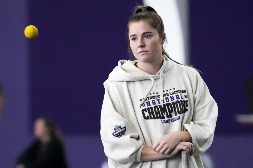 Northwestern lacrosse player Izzy Scane watches a ball during practice in Evanston, Ill., Tuesday, Feb. 6, 2024. (AP Photo/Nam Y. Huh)