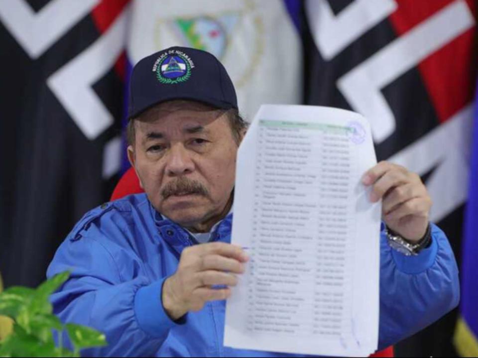 Nicaraguan president Daniel Ortega gives a press conference following the release and transfer of 222 political prisoners to the US (EPA)