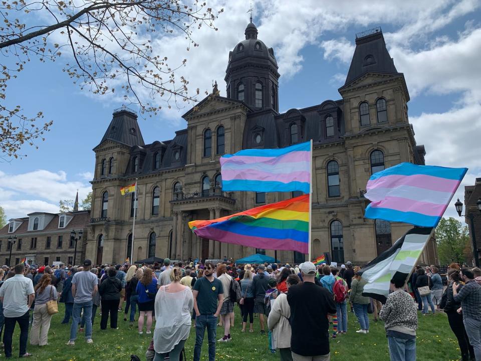Supporters of policy 713 gathered outside the legislature in Fredericton on Saturday afternoon.