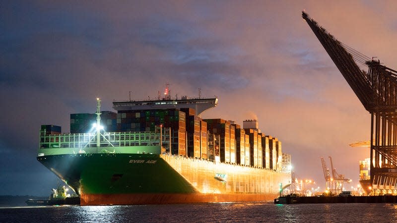 A photo of the Ever Ace container ship at sunset. 