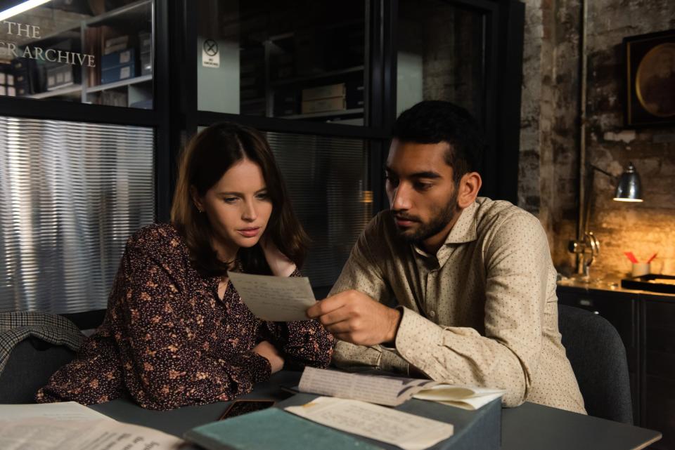 the last letter from your lover felicity jones and  Nabhaan Rizwan reading a letter in the archives