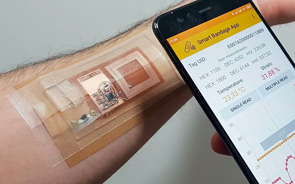 The smart bandage uses sensors to simultaneously measure a patient’s temperature and the strain being put on the skin - Best Group/University of Glasgow