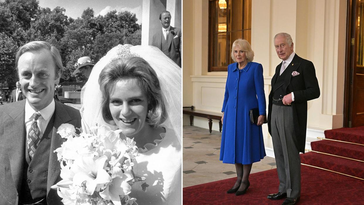 Split image of Andrew Parker Bowles and Queen Camilla on their wedding day and Queen Camilla and King Charles at a royal visit