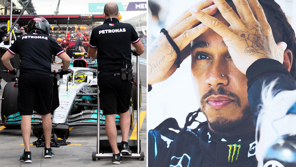 Pictured left, team members from Mercedes work on Lewis Hamilton's car before the Australian GP.