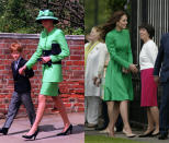 <p>Kate wore an emerald green design by Catherine Walker to the 2016 Chelsea Flower Show. It seemed to be a modern twist on Diana's suit in 1992. [Photo: PA/ Getty] </p>