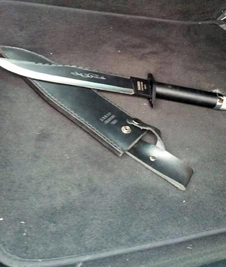 A &#x002018;Rambo&#x002019; knife, replica of the knife featured in the film First Blood, which RXG and Sevdet Besim discussed online prior to their arrests (GMP/PA) (PA Media)