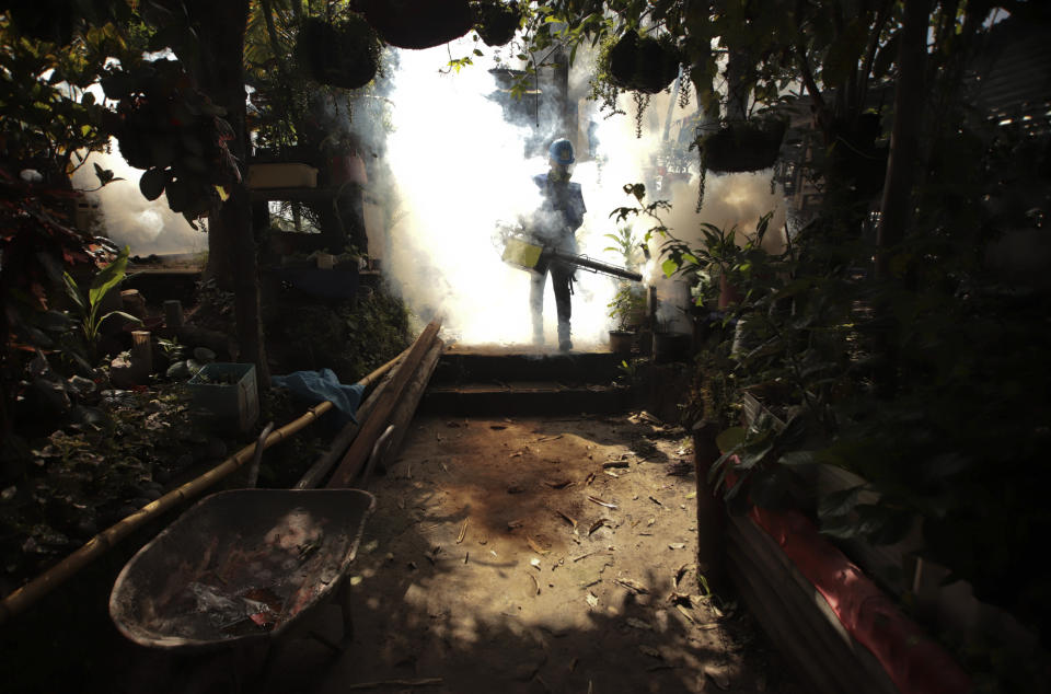 In this photo taken on Aug. 29, 2019, a worker fumigates inside a home in an attempt to control the spread of mosquito-borne diseases in Los Sitios, El Salvador. As a region, Central America and Mexico have already recorded nearly double the number of dengue cases as in all the previous year. (AP Photo/Salvador Melendez)