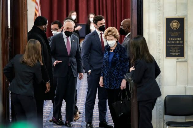 Senate Majority Leader Chuck Schumer (D-N.Y.) leaves a meeting with President Joe Biden and Senate Democrats. Sen. Joe Manchin (D-W.Va.) and Sen. Kyrsten Sinema (D-Ariz.) are opposing the passage of the president's agenda alongside Republicans.  (Photo: Drew Angerer via Getty Images)