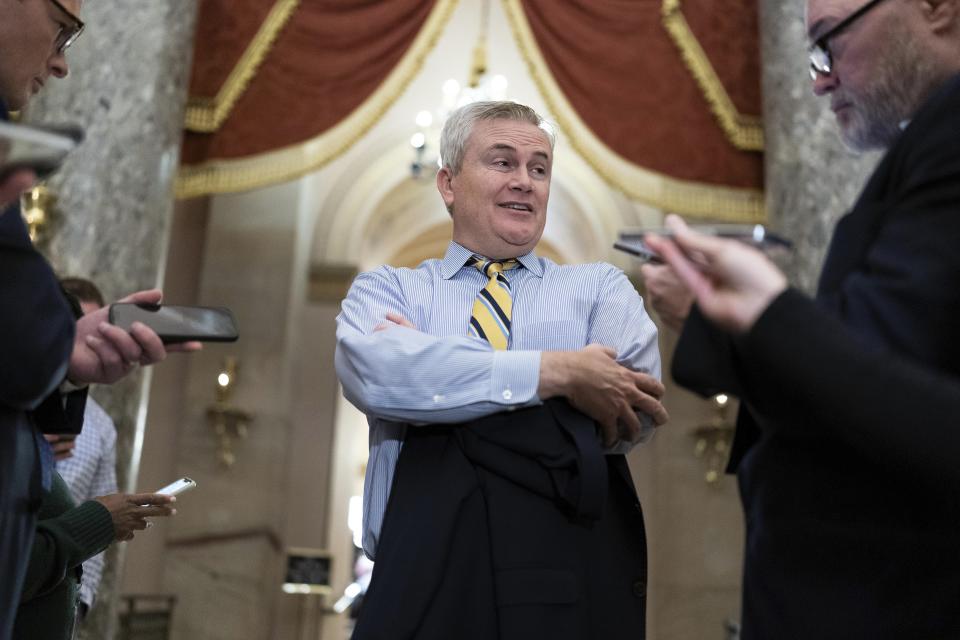 FILE - Rep. James Comer, R-Ky., talks to reporters as he walks to the House chamber, on Capitol Hill in Washington, Jan. 9, 2023. (AP Photo/Jose Luis Magana, File)